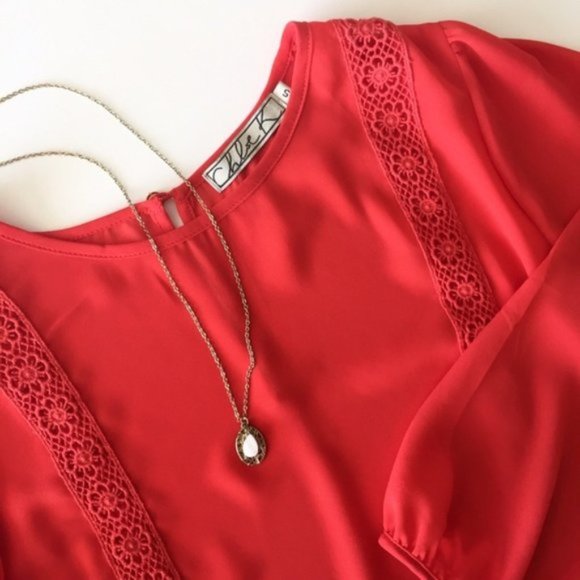 CHLOE K Lace Trim Sheer Step Hem Blouse 3/4 Sleeve Coral Burnt Orange Sz S - Picture 11 of 11